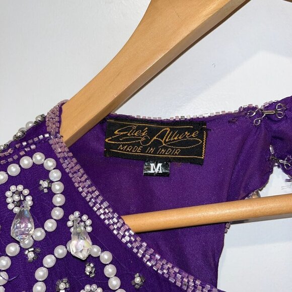 Vintage 1980s Purple Silk Beaded Sequin Cocktail Dress M - Picture 5 of 9